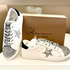 VINTAGE HAVANA Carla Cheetah Sneaker White, Black Silver Glitter, Star 8.5 NIB